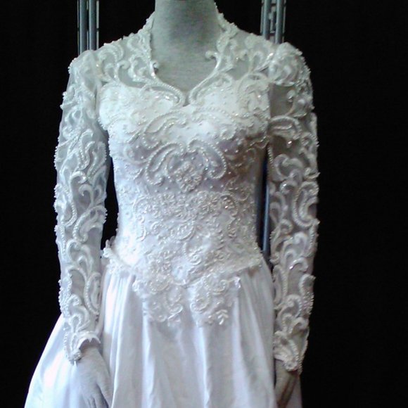 Satin and Lace Long Sleeve Wedding Dress with 6ft Train Beaded Lace Bodice - Picture 2 of 8